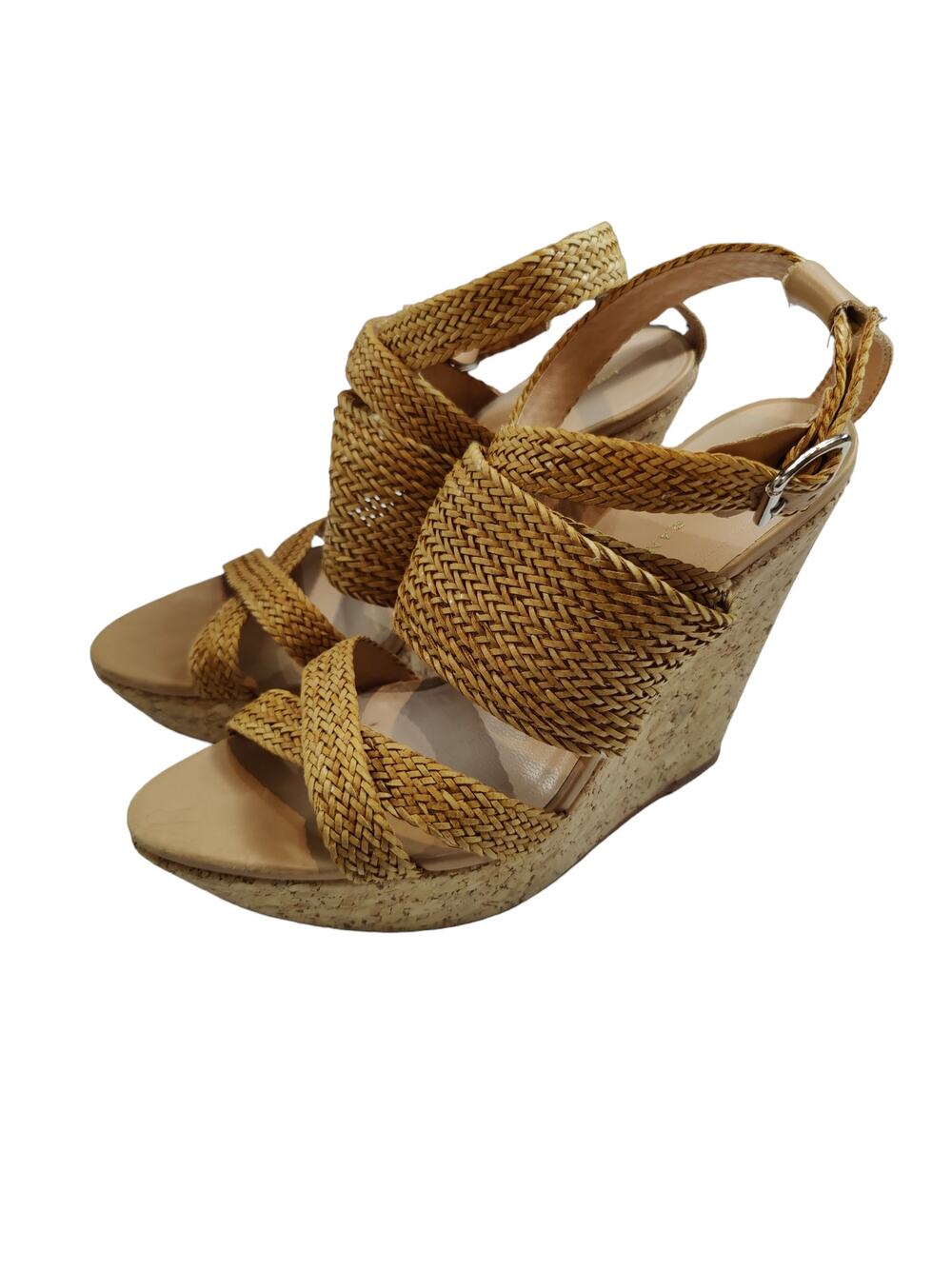 Loeffler Randall Women's Sz 9.5 Lake Strappy Woven Cork High Wedge Sandal Tan